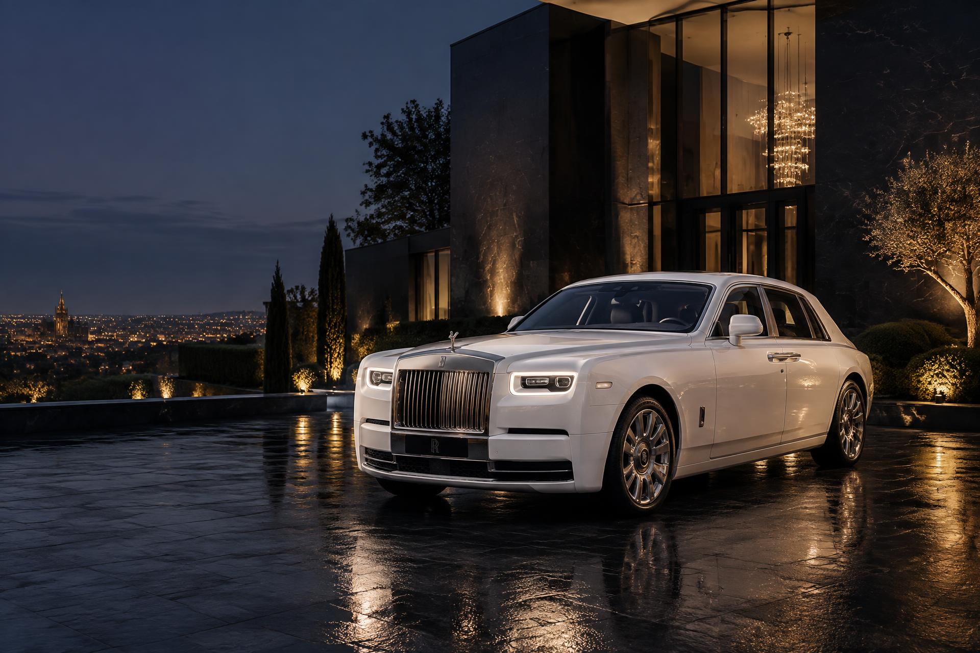 Rolls-Royce Phantom blanche devant une résidence contemporaine